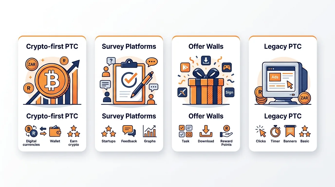 Top PTC platform types for South African users compared by payout method and minimum in 2026