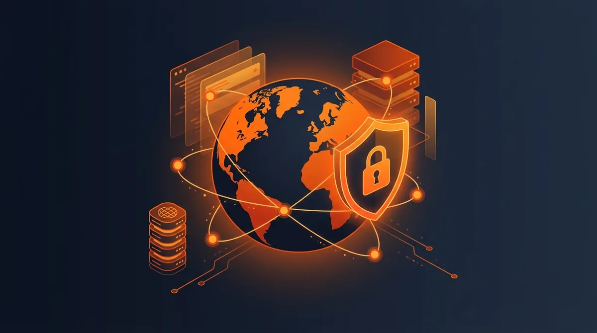 Illustration of a globe ringed by glowing orange network connections linking worldwide edge data centres, layered behind a security shield and server stack representing the infrastructure that runs CatPTC